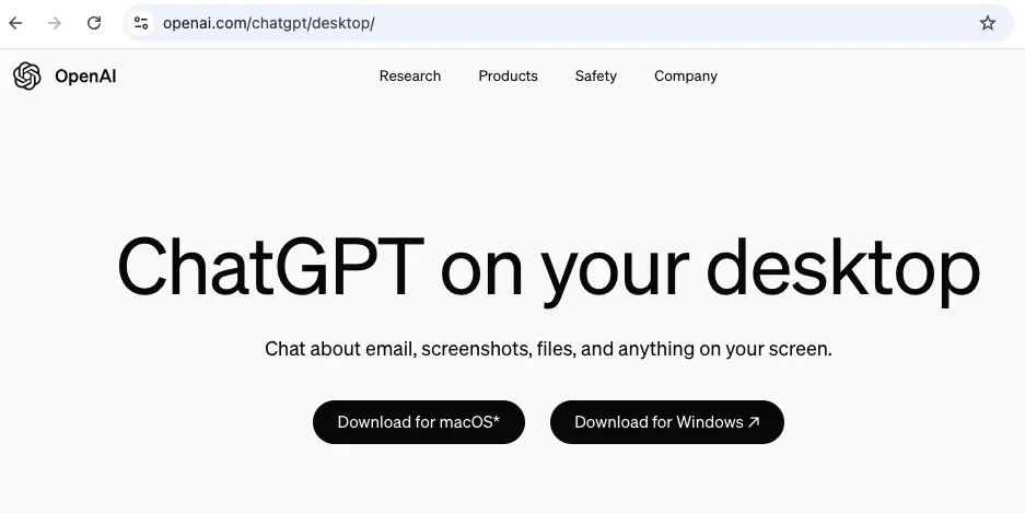 image showing Download for macOS button from https://openai.com/chatgpt/desktop website